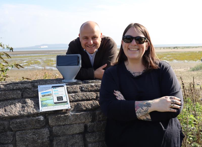 Dr Erica Terese Krueger (Research Fellow in the Trinity Coastal Research Group) and Michael Foley (Trinity Civic Engagement for Societal Impact Manager) with the newly installed CoastSnap Booterstown station.
