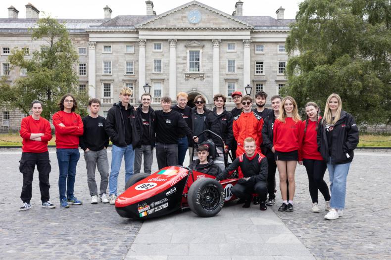 The Formula Trinity team with their new car in Trinity's Front Square.