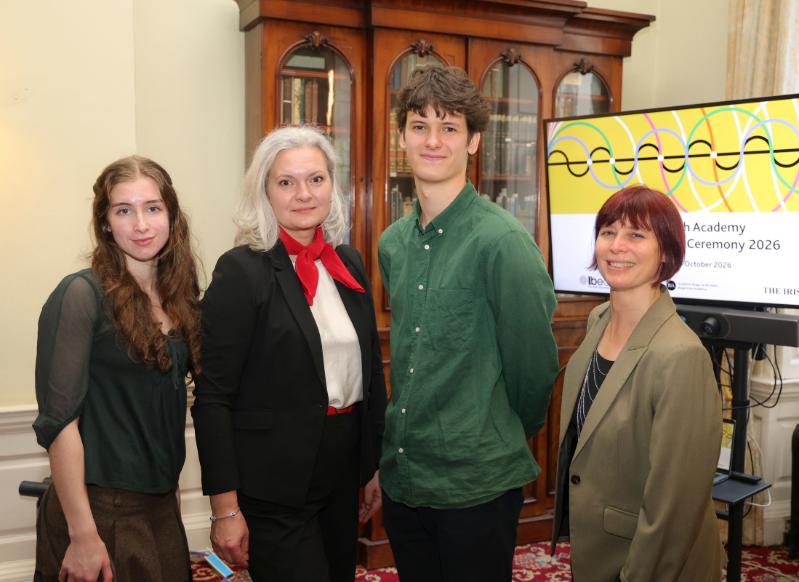 Artem Tarasenko from Trinity College Dublin, one of the recipients of the Hamilton Prize in Mathematics, with family members and Professor Katrin Wendland, Head of School of Mathematics (far right).