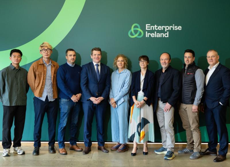 From left to right: Yingjie Pan (PhD student, Trinity College Dublin) and Dr Zehao Lei (Research Fellow, Trinity); Niall Gannon (Director of GannonEco); Peter Burke (Minister for Enterprise, Tourism and Employment of Ireland); Professor Sara Pavia (PI, Trinity); Jenny Melia (CEO of Enterprise Ireland); Brian Golden, Project Manager McGraths Limestone (Cong) Ltd; Padraic McGrath (R&D Manager McGrat