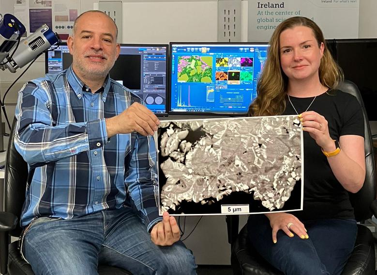 Lead author of the study Melanie Maddin (right) and principal investigator of the group Prof. Juan Diego Rodriguez-Blanco (left) showing an image of a complex texture formed during the synthesis of rare earth carbonate rocks.