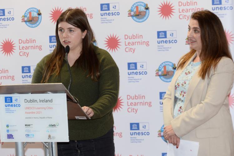Keely Jenkinson and Ailish Smith speak at the launch of the Dublin Learning City Festival.