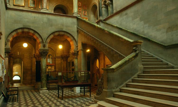 Trinity's Museum Building, in natural light, showcasing green-grey Connemara Marble in the pillars and features