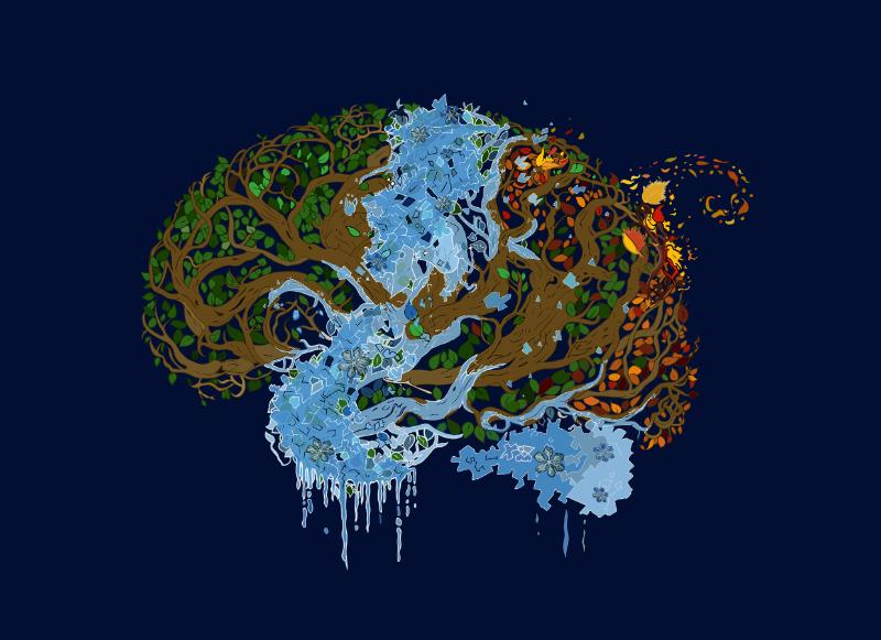 The drawing depicts a brain formed from intertwined branches, with leaves representing memories. Some leaves are frozen, symbolizing cold engrams, while others thaw and ignite into flames, illustrating the activation of thermoregulation through metabolism. Elements of wind symbolizing oxygen consumption/energy expenditure. Image: Nora Maria Raschle