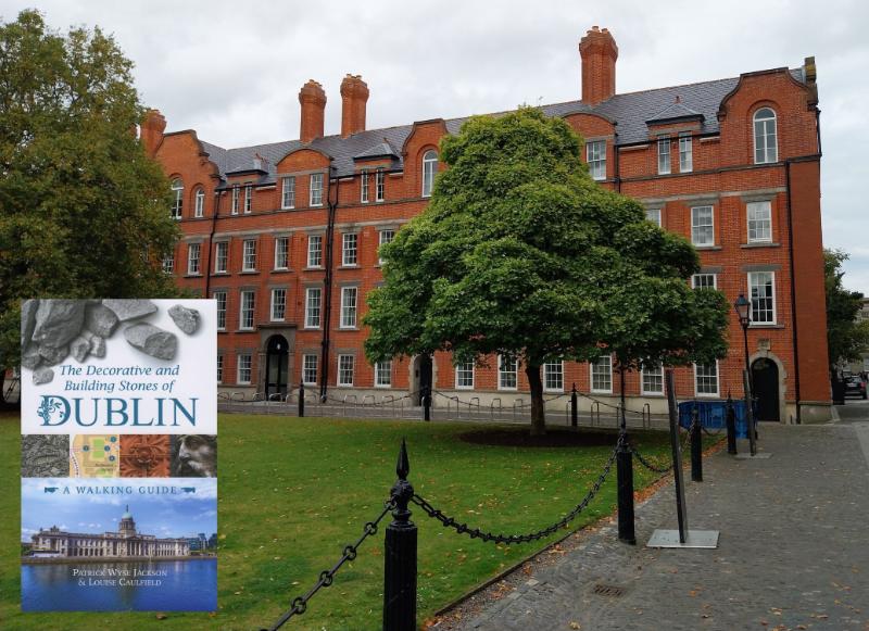 Trinity's iconic red-bricked Rubrics building, with the cover of the newly published The Decorative and Building Stones of Dublin book imposed in the bottom corner of the photo.