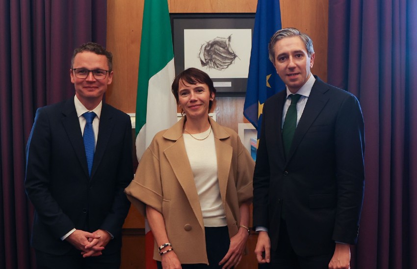 A woman and two men poses before the Irish flag