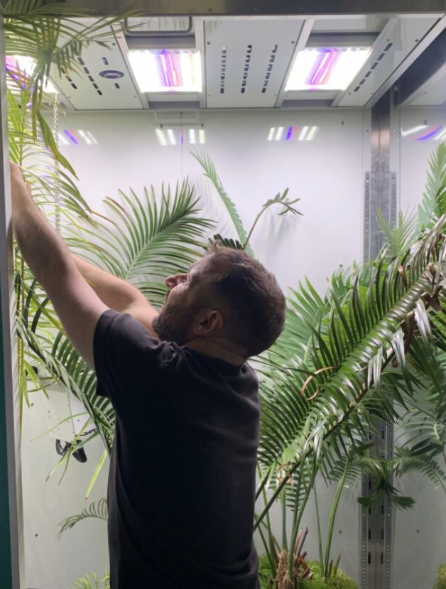 A researcher wearing a dark T-shirt adjusts plants in the Variable Atmospheric and Light lab.