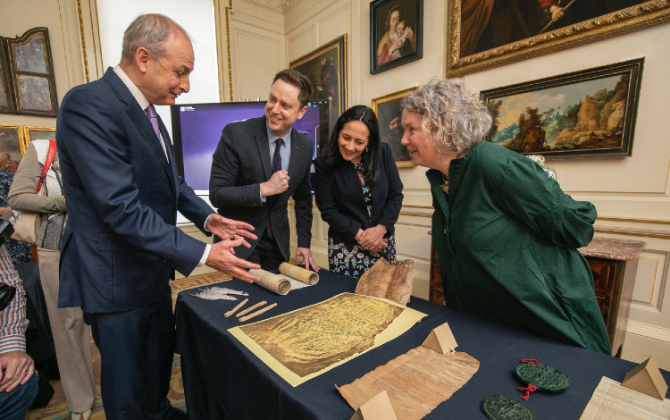 Taoiseach Micheál Martin with Dr Peter Crooks, Minister Catherine Martin and Provost Linda Doyle at the Virtual Record Treasury of Ireland launch
