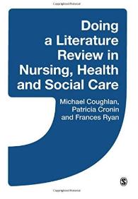 Book cover on doing a literature review with a large quotation mark in blue on a white background