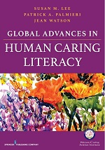 global advances in human caring literacy book cover with painting of flowers on a purple background