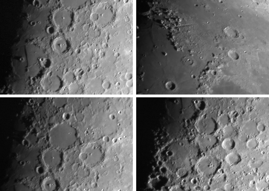 Image of the surface of the moon in four different lighting settings