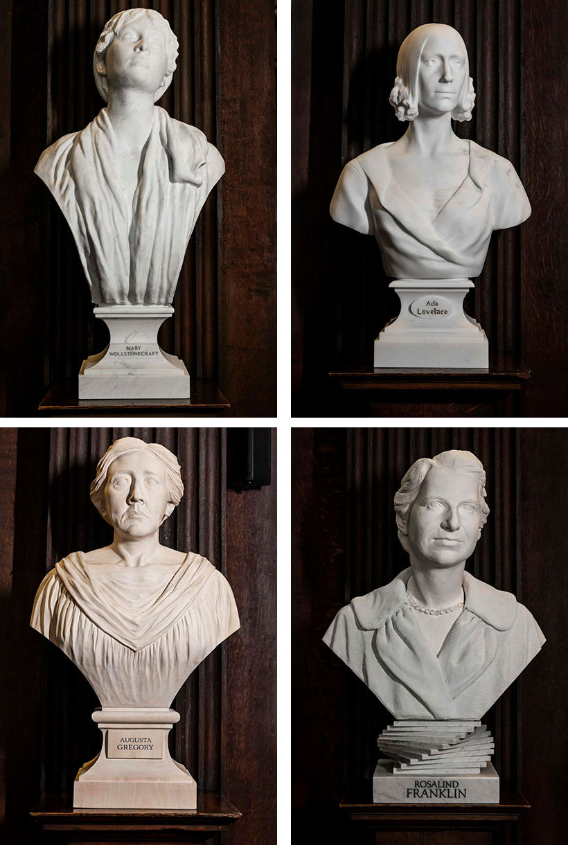 The four new sculptures launched in the Old Room (from left to right): Mary Wollstonecraft, Ada Lovelace, Augusta Gregory, Rosalind Franklin.