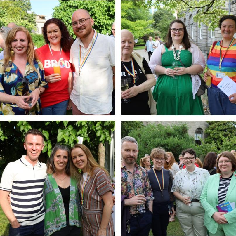 Four photos of guests at the Provost's Pride Celebration, all smiling at the camera. Some people are wearing Pride t-shirts and lanyards.