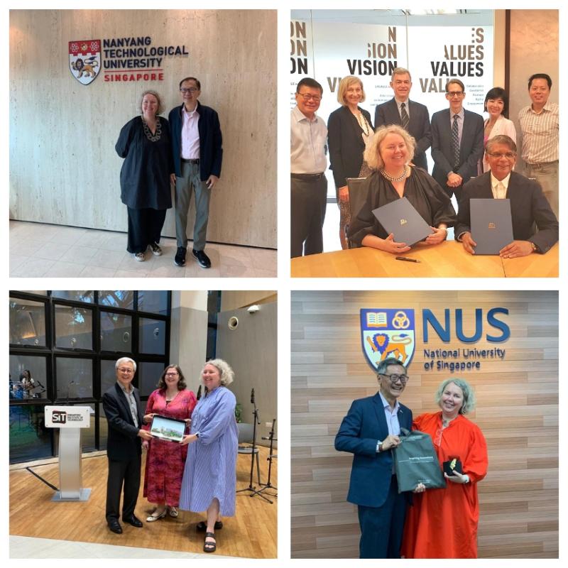 Four photos showing Linda with members of various Singaporean universities.