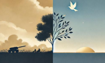 image of landscape showing a tank on the left and a dove of peace on the right