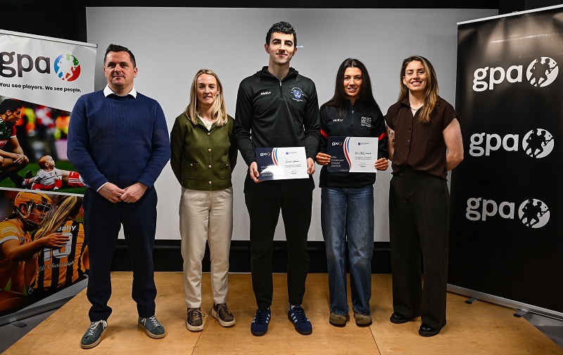 Trinity Sport staff with GPA Enhanced sports scholars Ciarán Lennon and Keri McCormack together with GPA national executive committee co-chair and Dublin camogie player Aisling Maher