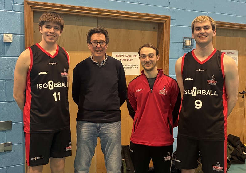 Basketball Manchester Away Weekend Jan&Feb 2026 alumnus Frank O’Flynn with men's basketball players and coach