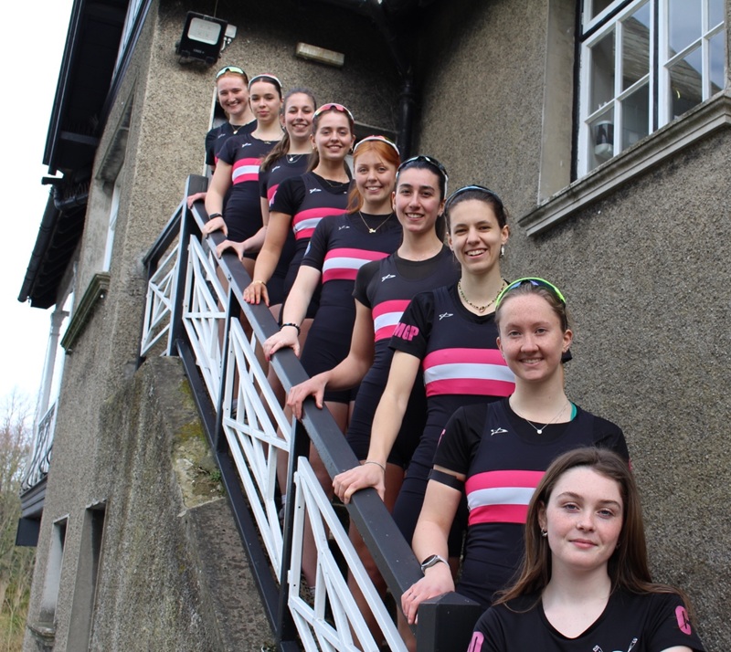 Rowing Colours Corcoran Cup Women's Senior 8+ DULBC crew 2026 group photo at Islandbridge boathouse