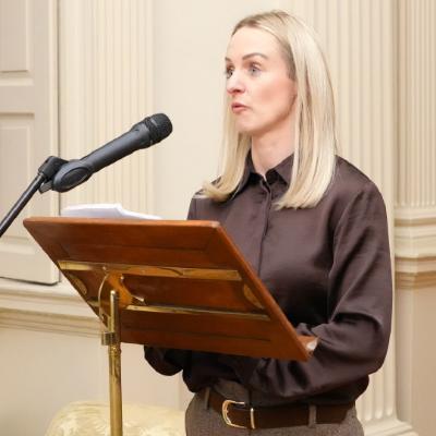 Lisa Cafferky speaking at the FISU Gender Equality Award celebration at the Provost's House