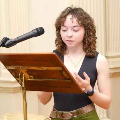 Katie Lynch speaking at the FISU Gender Equality Award celebration at the Provost's House, November 2025