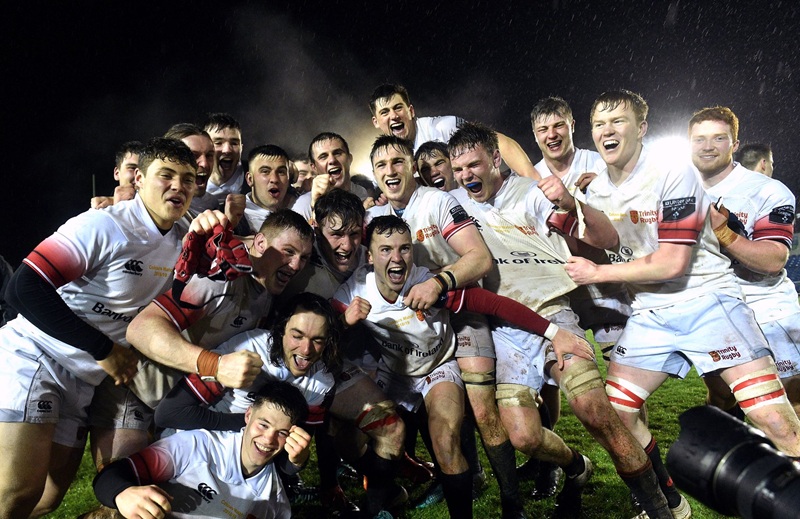 Trinity players including Dan Sheehan celebrate after 2019 Colours match