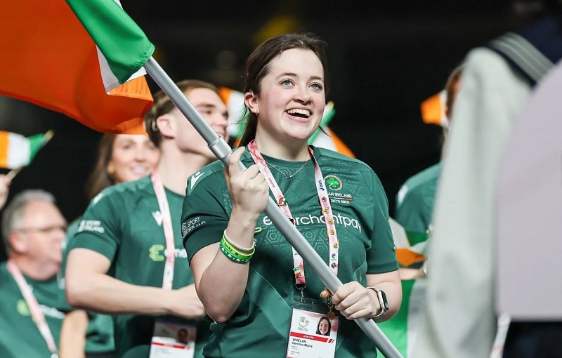 Gemma Whelan carrying the Irish flag at the Deaflympics Tokyo 2025