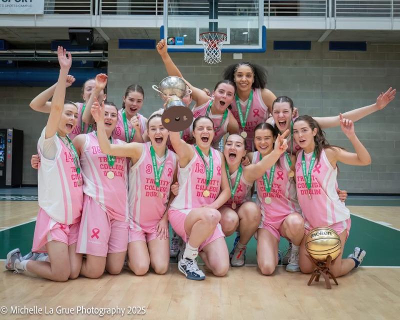 Trinity Women's Basketball Division 1 team celebrate their 2025 intervarsity win. Credit: Michelle La Grue