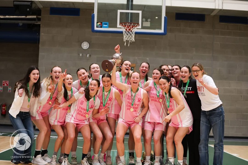 Trinity's women basketball team celebrate their third D1 varsity win, April 2026