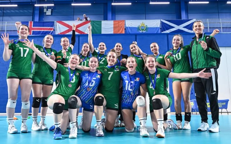Ireland Women's Senior Volleyball team celebrate Bronze at the CEV SVA championship June 2025