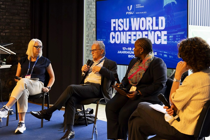 Michelle Tanner speaking on the FISU Healthy Campus Panel, July 2025