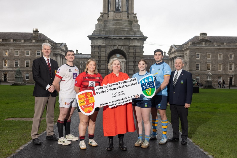 Trinity Rugby Colours Festival 2026 group photo with the Provost Dr Linda Doyle