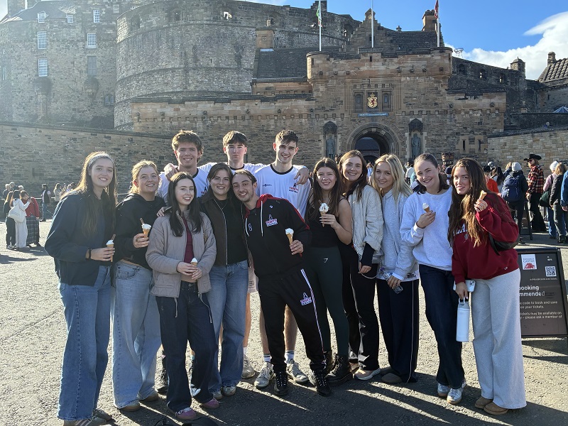 Trinity basketball at Edinburgh Invitational September 2025 informal group photo Edinburgh castle