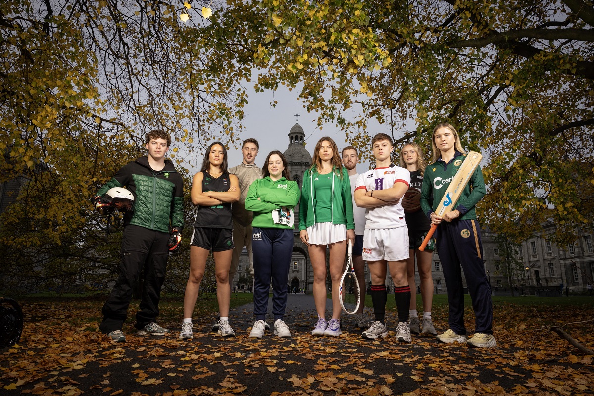 Trinity Sport Scholarship 25-26 photoshoot in Front Square featuring left to right: Ethan Bouchard (Alpine skii), Hazel Finn (Basketball), William MacDonald Hughes (Fencing), Gemma Whelan (Deaf swimming), Sarah Hawkshaw (Tennis), Ryan O'Dwyer (GAA), Oscar Cawley (Rugby), Ava Learn (Basketball), and Georgina Dempsey (Cricket).