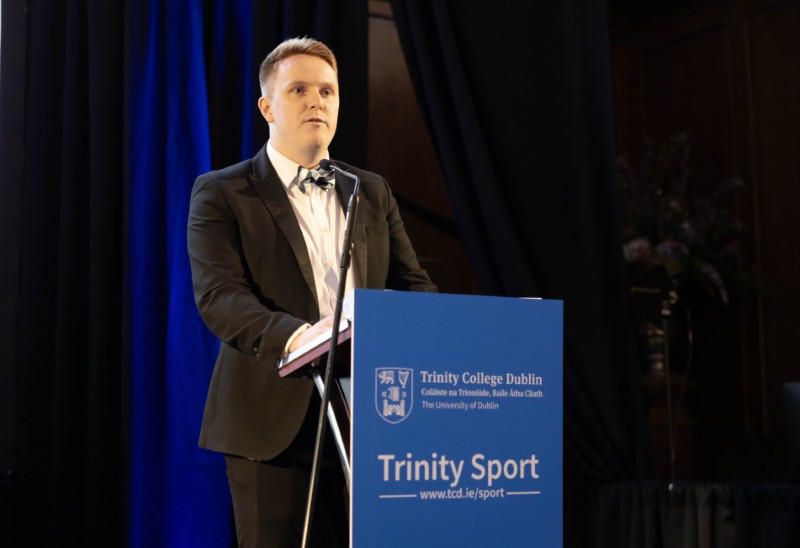 Marcus Boggan giving a speech at the 2025 Trinity Sport Awards