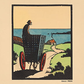 print of a man on an old horse drawn cart heading towards a cottage by the sea