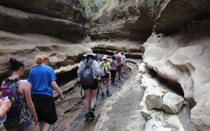 Students walking through rock walls