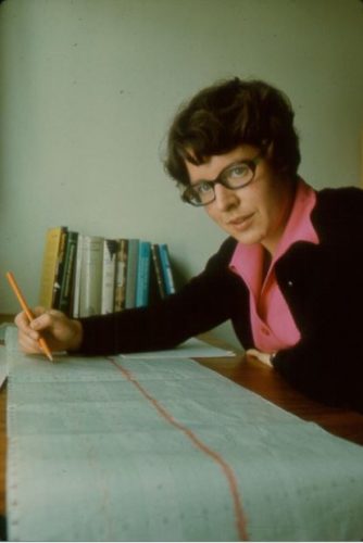 Jocelyn Bell Burnell, shown here in 1974, manually scrutinised data from the array telescope, recorded on long roles of chart paper. Image credit: Robin Scagell.