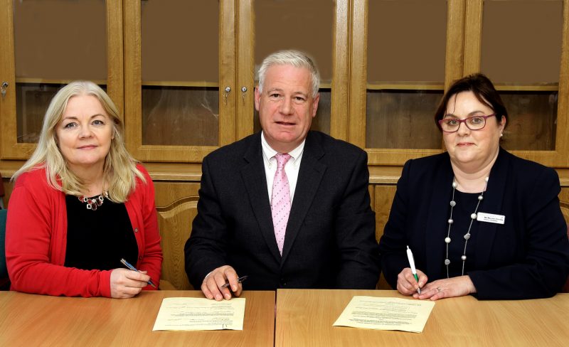 The Memorandum of Understanding was signed in the Board Room of the Midland Regional Hospital Portlaoise by (L-R) Head of Nursing and Midwifery Professor Anne Marie Brady Trinity College Dublin, General Manager of Portlaoise Hospital, Michael Knowles, Director of Midwifery, Maureen Revilles.