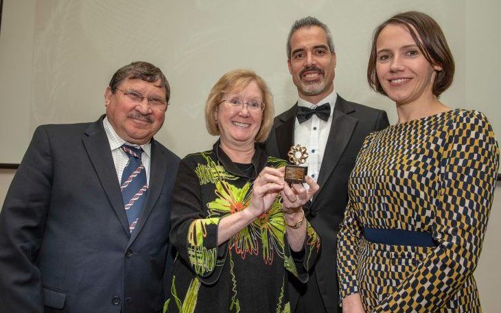 Trudy Mackay accepts the 2018 Dawson Prize. She is pictured here with her husband (left), Professor Robert Anholt, Associate Professor of Genetics and Neuroscience at Trinity, Kevin Mitchell, and Professor in Genetics at Trinity, Aoife McLysaght. 