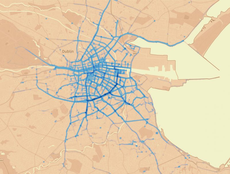 The distribution of BleeperBike trips taken in Dublin. More frequently used routes are shown by darker blue.