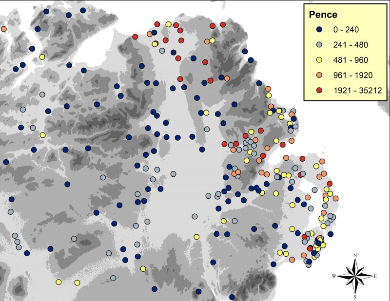 Valuations for eastern and central Ulster between 1302-1307.