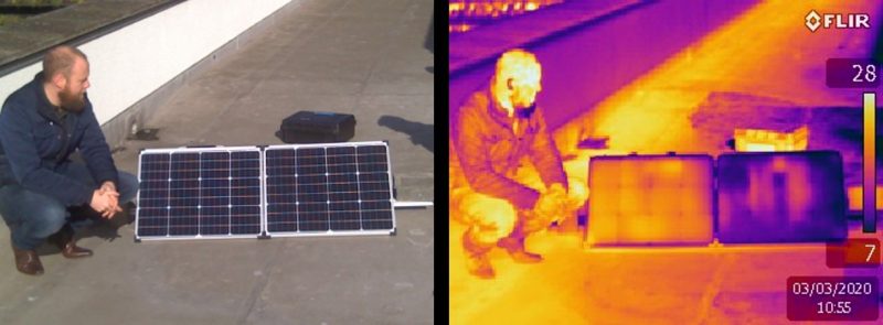 Visible (left) and thermal (right) images of two 50W monocrystalline silicon solar panels. Both panels are identical. The panel on the right is fitted with the technology which can reduce the temperature by up to 20oC as seen in the thermal image. Images were taken in Dublin on a sunny day in early March with a 6oC background temperature.