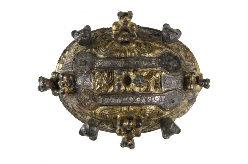 A 9th century AD oval brooch with gilding and silver inlay, from a female Viking burial at Finglas, Co. Dublin. Image credit: National Museum of Ireland.