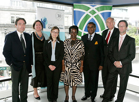 (L-R) mark kelly, iccl, dr. rosemary byrne, tcd, dr. nadia bernaz, ucg, binta mansaray, special court for sierra leone, justice gelaga king, president, special court for sierra leone (scsl), stephen rapp, chief prosecutor,scsl and herman von hebel, registrar, scsl