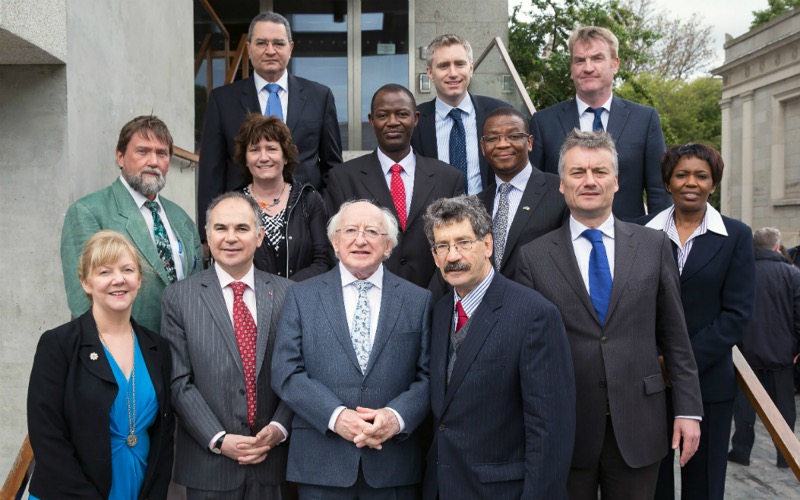 The President, Provost, Africa Ambassadors to Ireland, members of the TIDI Steering Committee and  conference speakers. Bottom Row: L to R: Professor Martina Hennessy (TIDI Chair); HE Ambassador Anas Khales (Morocco); President of Ireland, Michael D. Higgins; Professor Howard Stein; Provost; Second Row: Thomas Sommerhalter; Professor Helen Sheridan; HE Ambassador Felix Yusufu Pwol (Nigeria); H.E. 