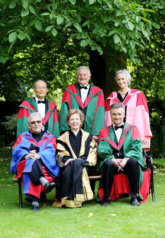 Pictured on the occasion of the conferring were (top row L-R): Atsuo Fukuda, former professor of Organic Materials Physics, Tokyo Institute of Technology; Craig Barrett, former Associate Professor of Materials Science, Stanford University and former CEO of Intel; leading lawyer and founder of Irish Hospice Foundation Mary Redmond; (bottom row, L-R): Renowned author Amos Oz; Chancellor of the Unive