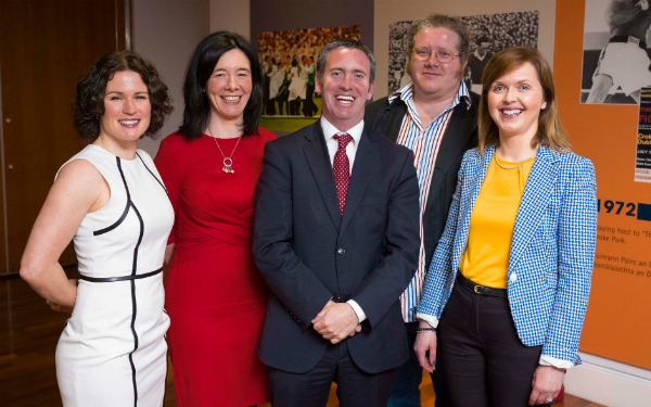 Dr Natalie Harrower, Deputy Director Digital Repository of Ireland, Dr Sandra Collins, Director Digital Repository of Ireland; Minister Damien English; Dermot Frost, Manager, Research and High Performance Computing Centre, Trinity; Arlene Healy, Sub-Librarian, Digital Systems and Services, Trinity