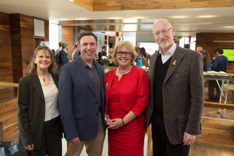 Co-founders of the Trinity Long Room Hub, Jennifer Edmond and Owen Conlan, with Director of the Trinity Long Room Hub Jane Ohlmeyer and Framestore co-founder Sir William Sargent at the launch of the Trinity Centre for Digital Humanities.