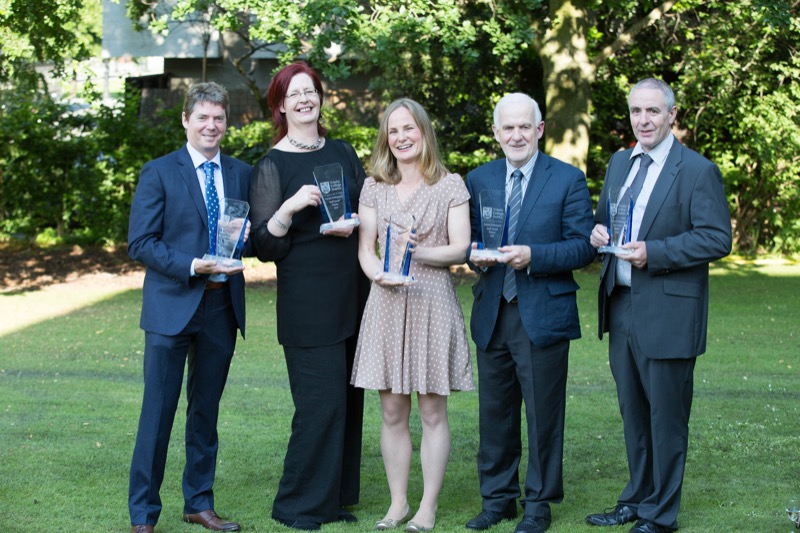 Photographed at the awards ceremony are the winners (from l-r) Tony O'Rourke, Buildings Office, Helen Thornbury, Academic Secretariat, Kathleen O'Toole-Brennan, Trinity Access Programme, Noel McCann, Campus Services, and Joe McCauley, Physics.