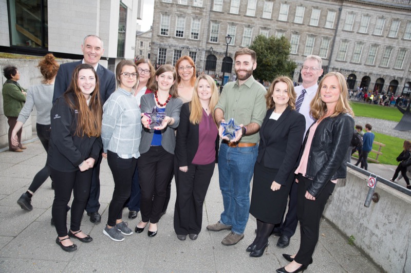 Celebrating the award, from left, Aoibhinn Ní Lochlainn, SU Welfare Officer; Tony McMahon, Director of Diversity and Inclusion; Elisa Crespo, GSU Vice-President; Sheila Dunphy, Chair of Equality Committee; Aoife Crawford, Equality Officer; Prof Martine Cuypers, Assistant Professor in Greek; Sinead MacBride, College Solicitor; Joel McKeever, Chair of LGBT Staff Network; Prof Sabina Brennan, Researc